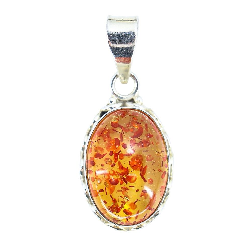 925 Sterling Silver Faux Amber Oval Cabochon Pendant 1.75” Fall Colors Boho